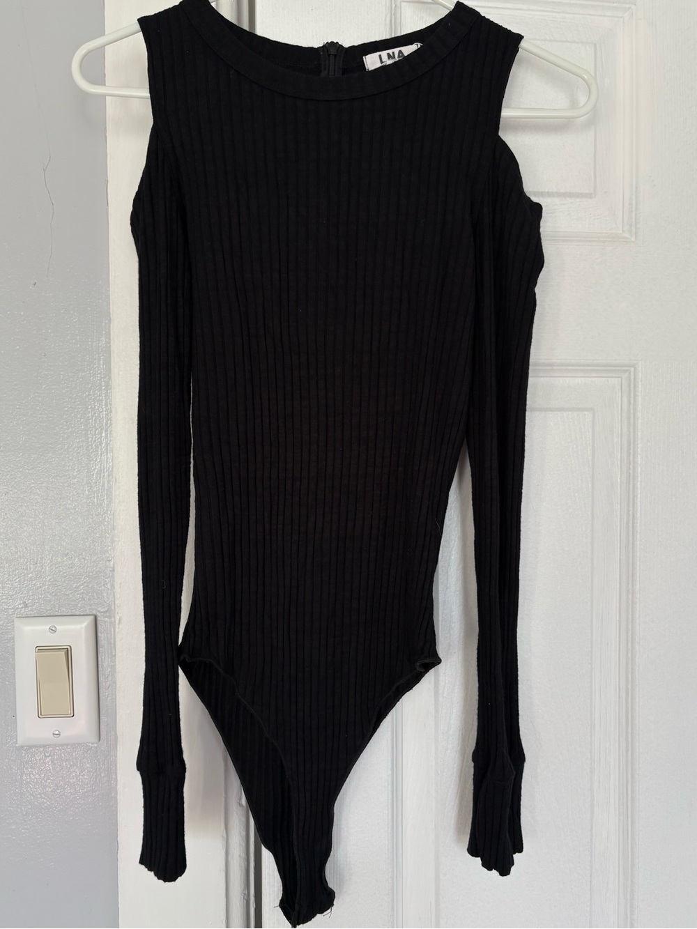 LNA Black Ribbed Cold Shoulder Long Sleeve Bodysuit Size M